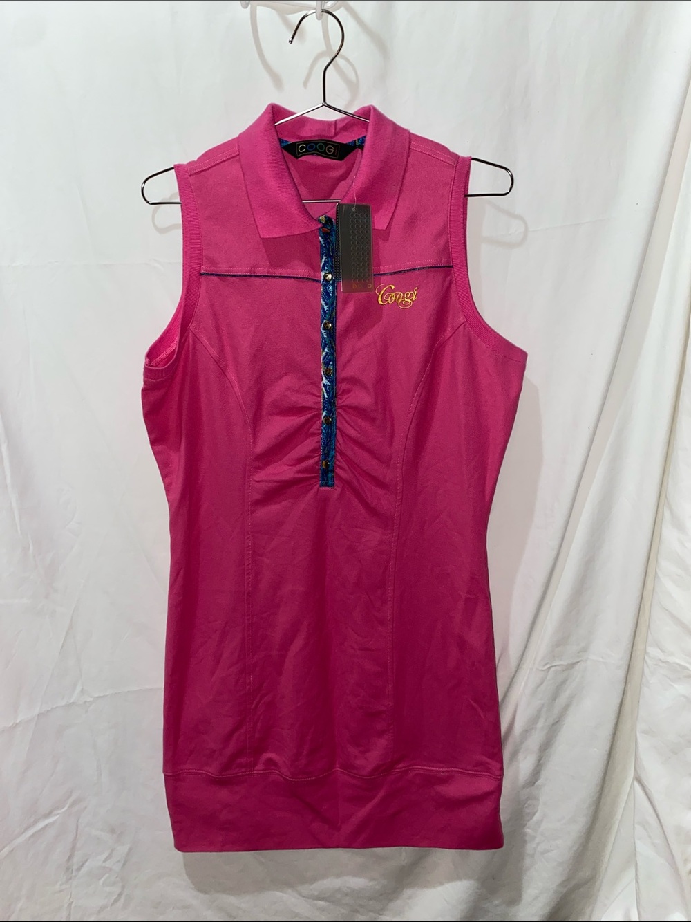 COOGI Sleeveless Polo Tank Dress in Vibrant Pink with Navy Trim